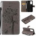 For OnePlus 9 Tree & Cat Pattern Pressed Printing Horizontal Flip PU Leather Case with Holder & Card Slots & Wallet & Lanyard(Grey)