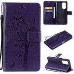 For OnePlus 9 Tree & Cat Pattern Pressed Printing Horizontal Flip PU Leather Case with Holder & Card Slots & Wallet & Lanyard(Purple)