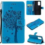 For OnePlus 9 Tree & Cat Pattern Pressed Printing Horizontal Flip PU Leather Case with Holder & Card Slots & Wallet & Lanyard(Blue)