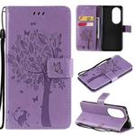 For Huawei P50 Pro Tree & Cat Pattern Pressed Printing Horizontal Flip PU Leather Case with Holder & Card Slots & Wallet & Lanyard(Light Purple)