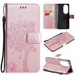 For Huawei P50 Pro Tree & Cat Pattern Pressed Printing Horizontal Flip PU Leather Case with Holder & Card Slots & Wallet & Lanyard(Rose Gold)
