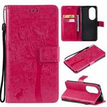 For Huawei P50 Pro Tree & Cat Pattern Pressed Printing Horizontal Flip PU Leather Case with Holder & Card Slots & Wallet & Lanyard(Rose Red)