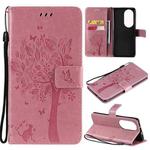 For Huawei P50 Pro Tree & Cat Pattern Pressed Printing Horizontal Flip PU Leather Case with Holder & Card Slots & Wallet & Lanyard(Pink)