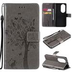 For Huawei P50 Pro Tree & Cat Pattern Pressed Printing Horizontal Flip PU Leather Case with Holder & Card Slots & Wallet & Lanyard(Grey)