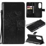 For Huawei P50 Pro Tree & Cat Pattern Pressed Printing Horizontal Flip PU Leather Case with Holder & Card Slots & Wallet & Lanyard(Black)