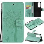 For Huawei P50 Tree & Cat Pattern Pressed Printing Horizontal Flip PU Leather Case with Holder & Card Slots & Wallet & Lanyard(Green)