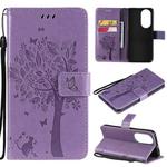 For Huawei P50 Tree & Cat Pattern Pressed Printing Horizontal Flip PU Leather Case with Holder & Card Slots & Wallet & Lanyard(Light Purple)