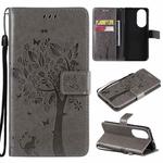 For Huawei P50 Tree & Cat Pattern Pressed Printing Horizontal Flip PU Leather Case with Holder & Card Slots & Wallet & Lanyard(Grey)