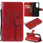 For Huawei P50 Tree & Cat Pattern Pressed Printing Horizontal Flip PU Leather Case with Holder & Card Slots & Wallet & Lanyard(Red)
