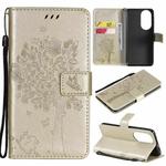 For Huawei P50 Tree & Cat Pattern Pressed Printing Horizontal Flip PU Leather Case with Holder & Card Slots & Wallet & Lanyard(Gold)