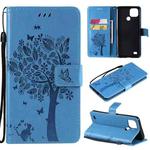 For OPPO Realme C21 / C20 Tree & Cat Pattern Pressed Printing Horizontal Flip PU Leather Case with Holder & Card Slots & Wallet & Lanyard(Blue)