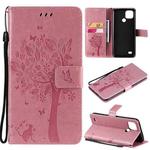 For OPPO Realme C21 / C20 Tree & Cat Pattern Pressed Printing Horizontal Flip PU Leather Case with Holder & Card Slots & Wallet & Lanyard(Pink)