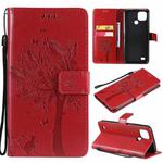 For OPPO Realme C21 / C20 Tree & Cat Pattern Pressed Printing Horizontal Flip PU Leather Case with Holder & Card Slots & Wallet & Lanyard(Red)