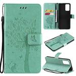 For OPPO Reno6 5G Tree & Cat Pattern Pressed Printing Horizontal Flip PU Leather Case with Holder & Card Slots & Wallet & Lanyard(Green)