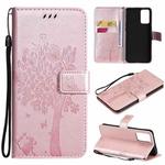 For OPPO Reno6 5G Tree & Cat Pattern Pressed Printing Horizontal Flip PU Leather Case with Holder & Card Slots & Wallet & Lanyard(Rose Gold)