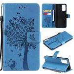 For OPPO Reno6 5G Tree & Cat Pattern Pressed Printing Horizontal Flip PU Leather Case with Holder & Card Slots & Wallet & Lanyard(Blue)