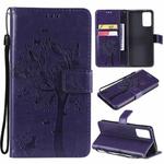 For OPPO Reno6 5G Tree & Cat Pattern Pressed Printing Horizontal Flip PU Leather Case with Holder & Card Slots & Wallet & Lanyard(Purple)