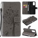 For OPPO Reno6 5G Tree & Cat Pattern Pressed Printing Horizontal Flip PU Leather Case with Holder & Card Slots & Wallet & Lanyard(Grey)