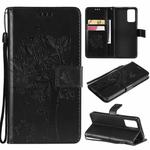 For OPPO Reno6 5G Tree & Cat Pattern Pressed Printing Horizontal Flip PU Leather Case with Holder & Card Slots & Wallet & Lanyard(Black)