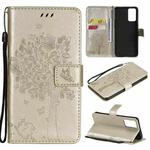 For OPPO Reno6 5G Tree & Cat Pattern Pressed Printing Horizontal Flip PU Leather Case with Holder & Card Slots & Wallet & Lanyard(Gold)