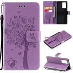 For OPPO Reno6 Pro 5G Tree & Cat Pattern Pressed Printing Horizontal Flip PU Leather Case with Holder & Card Slots & Wallet & Lanyard(Light Purple)