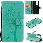 For OPPO Reno6 Pro 5G Tree & Cat Pattern Pressed Printing Horizontal Flip PU Leather Case with Holder & Card Slots & Wallet & Lanyard(Green)