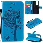 For OPPO Reno6 Pro 5G Tree & Cat Pattern Pressed Printing Horizontal Flip PU Leather Case with Holder & Card Slots & Wallet & Lanyard(Blue)