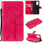 For OPPO Reno6 Pro 5G Tree & Cat Pattern Pressed Printing Horizontal Flip PU Leather Case with Holder & Card Slots & Wallet & Lanyard(Rose Red)