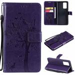 For OPPO Reno6 Pro 5G Tree & Cat Pattern Pressed Printing Horizontal Flip PU Leather Case with Holder & Card Slots & Wallet & Lanyard(Purple)