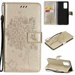 For OPPO Reno6 Pro 5G Tree & Cat Pattern Pressed Printing Horizontal Flip PU Leather Case with Holder & Card Slots & Wallet & Lanyard(Gold)