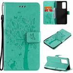 For OPPO Reno6 Pro+ 5G Tree & Cat Pattern Pressed Printing Horizontal Flip PU Leather Case with Holder & Card Slots & Wallet & Lanyard(Green)