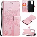 For OPPO Reno6 Pro+ 5G Tree & Cat Pattern Pressed Printing Horizontal Flip PU Leather Case with Holder & Card Slots & Wallet & Lanyard(Rose Gold)