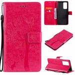 For OPPO Reno6 Pro+ 5G Tree & Cat Pattern Pressed Printing Horizontal Flip PU Leather Case with Holder & Card Slots & Wallet & Lanyard(Rose Red)