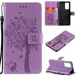 For OPPO Reno6 Pro+ 5G Tree & Cat Pattern Pressed Printing Horizontal Flip PU Leather Case with Holder & Card Slots & Wallet & Lanyard(Purple)