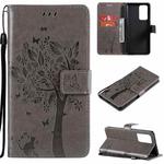 For OPPO Reno6 Pro+ 5G Tree & Cat Pattern Pressed Printing Horizontal Flip PU Leather Case with Holder & Card Slots & Wallet & Lanyard(Grey)