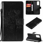 For OPPO Reno6 Pro+ 5G Tree & Cat Pattern Pressed Printing Horizontal Flip PU Leather Case with Holder & Card Slots & Wallet & Lanyard(Black)