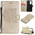 For OPPO Reno6 Pro+ 5G Tree & Cat Pattern Pressed Printing Horizontal Flip PU Leather Case with Holder & Card Slots & Wallet & Lanyard(Gold)