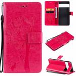 For Google Pixel 6 Pro Tree & Cat Embossed Pattern Horizontal Flip Leather Case with Holder & Card Slots & Wallet & Lanyard(Rose Red)