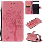 For Google Pixel 6 Pro Tree & Cat Embossed Pattern Horizontal Flip Leather Case with Holder & Card Slots & Wallet & Lanyard(Pink)