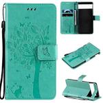 For Google Pixel 6 Tree & Cat Embossed Pattern Horizontal Flip Leather Case with Holder & Card Slots & Wallet & Lanyard(Green)