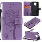 For Nokia 6.3 Tree & Cat Pattern Pressed Printing Horizontal Flip PU Leather Case with Holder & Card Slots & Wallet & Lanyard(Lavender)