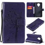 For Nokia G10 Tree & Cat Pattern Pressed Printing Horizontal Flip PU Leather Case with Holder & Card Slots & Wallet & Lanyard(Purple)