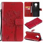For Nokia 5.3 Tree & Cat Pattern Pressed Printing Horizontal Flip PU Leather Case with Holder & Card Slots & Wallet & Lanyard(Red)