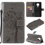 For Nokia 5.3 Tree & Cat Pattern Pressed Printing Horizontal Flip PU Leather Case with Holder & Card Slots & Wallet & Lanyard(Gray)