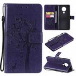 For Nokia 5.3 Tree & Cat Pattern Pressed Printing Horizontal Flip PU Leather Case with Holder & Card Slots & Wallet & Lanyard(Purple)