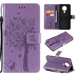 For Nokia 5.3 Tree & Cat Pattern Pressed Printing Horizontal Flip PU Leather Case with Holder & Card Slots & Wallet & Lanyard(Lavender)
