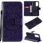 For OPPO Reno6 Pro+ 5G Sun Embossing Pattern Horizontal Flip Leather Case with Card Slot & Holder & Wallet & Lanyard(Purple)