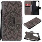 For Huawei P50 Pro Sun Embossing Pattern Horizontal Flip Leather Case with Card Slot & Holder & Wallet & Lanyard(Grey)