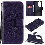 For Huawei P50 Pro Sun Embossing Pattern Horizontal Flip Leather Case with Card Slot & Holder & Wallet & Lanyard(Purple)