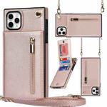 For iPhone 11 Pro Max Cross-body Zipper Square TPU+PU Back Cover Case with Holder & Card Slots & Wallet & Strap (Rose Gold)